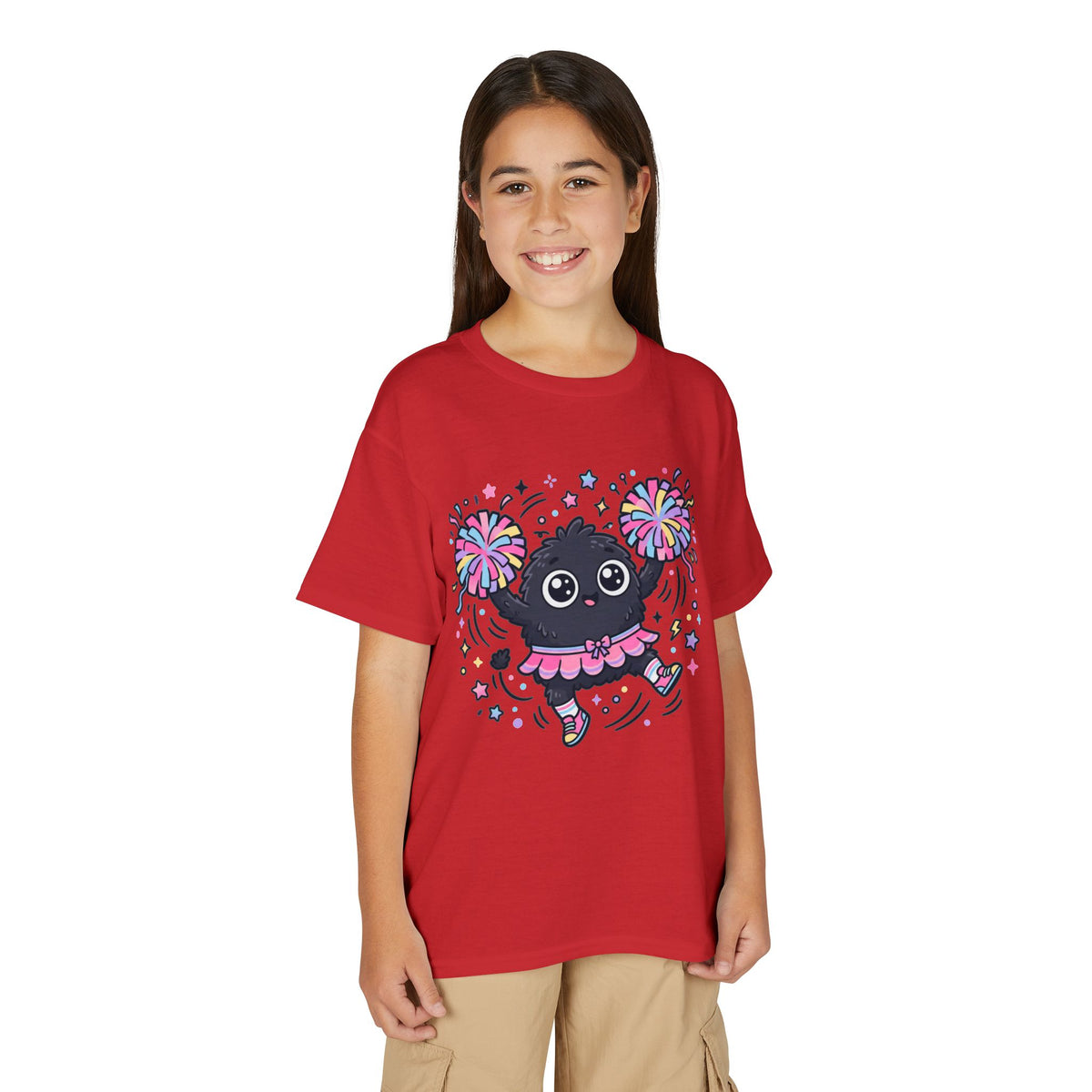 Cute Black Kitty Cheerleader Youth T-Shirt — Pom-Pom Dancing Cat Tee