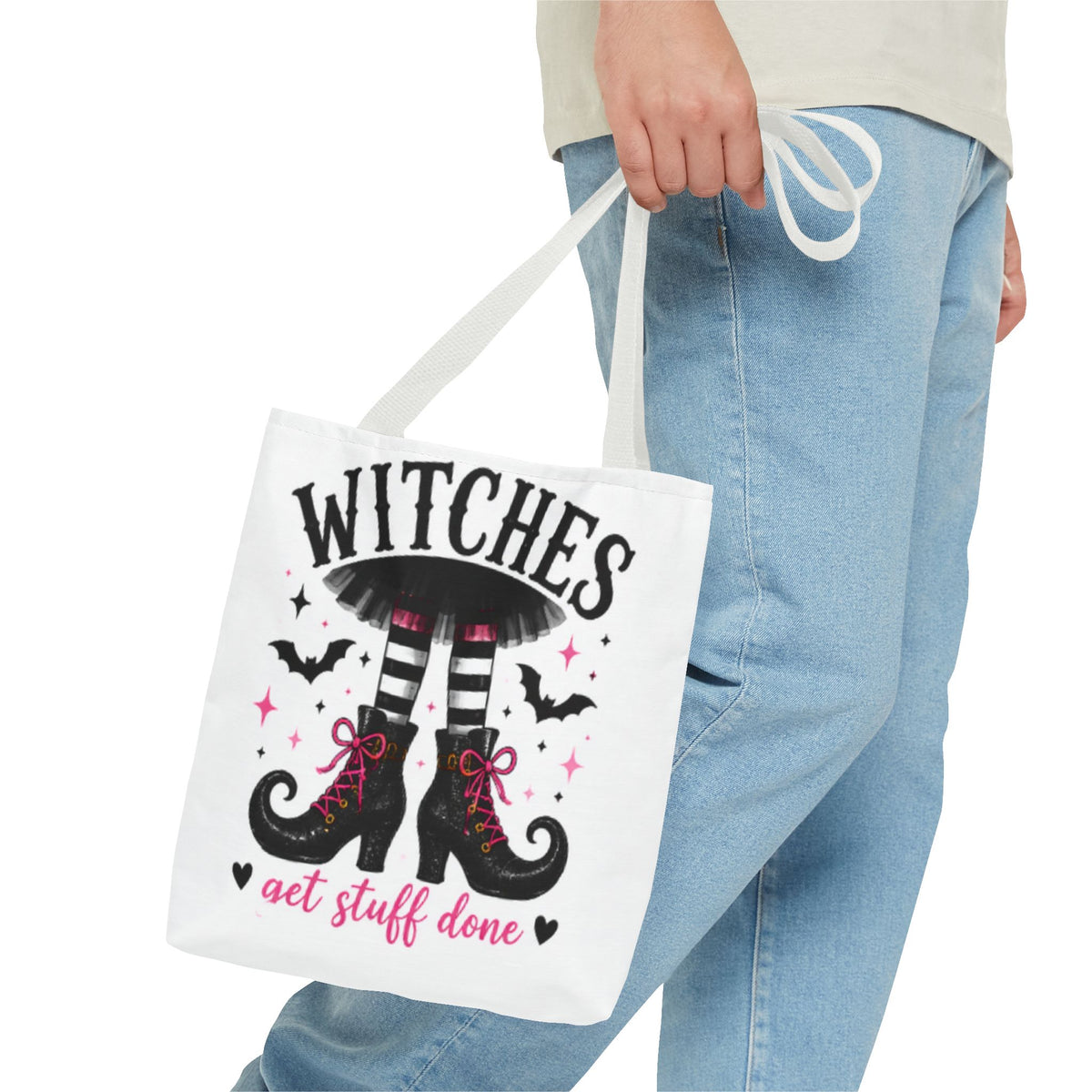 White tote bag with gray handles, 'WITCHES' boots graphic and 'get stuff done' heart
