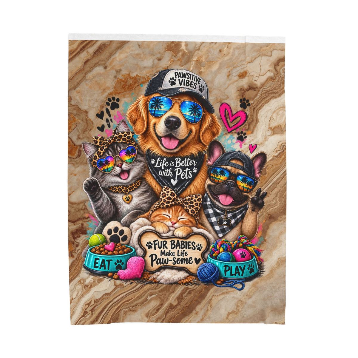 Velveteen Plush Blanket — "Life Is Better with Pets" Cute Dog & Cat Paw-Some Throw