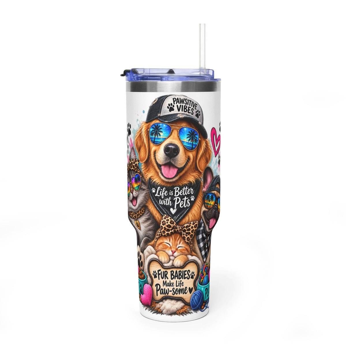40oz Vacuum Tumbler — "Life is Better with Pets" Colorful Dog & Cat Travel Mug