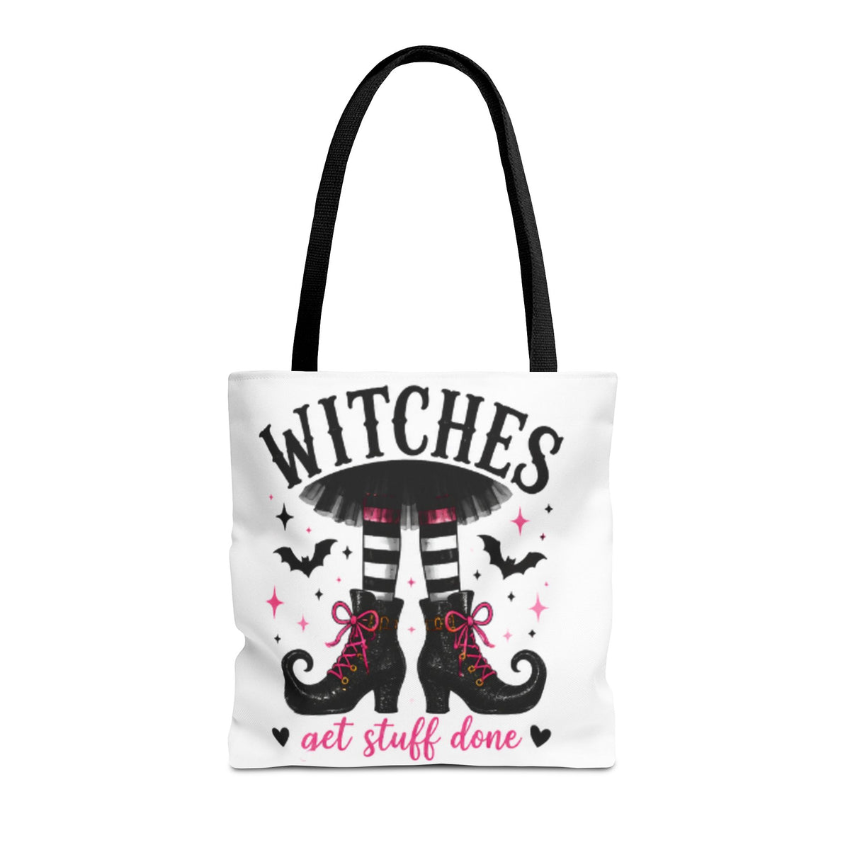 White tote bag with black handles, witches graphic and "get stuff done" lettering