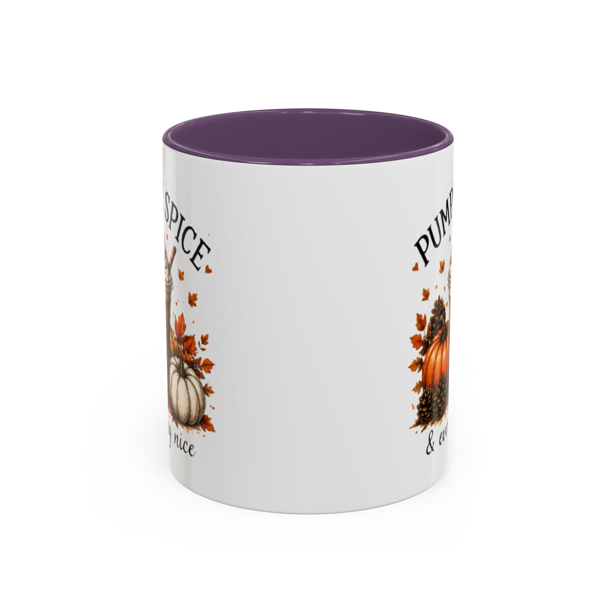 White coffee mug with purple interior and autumn pumpkin-spice print