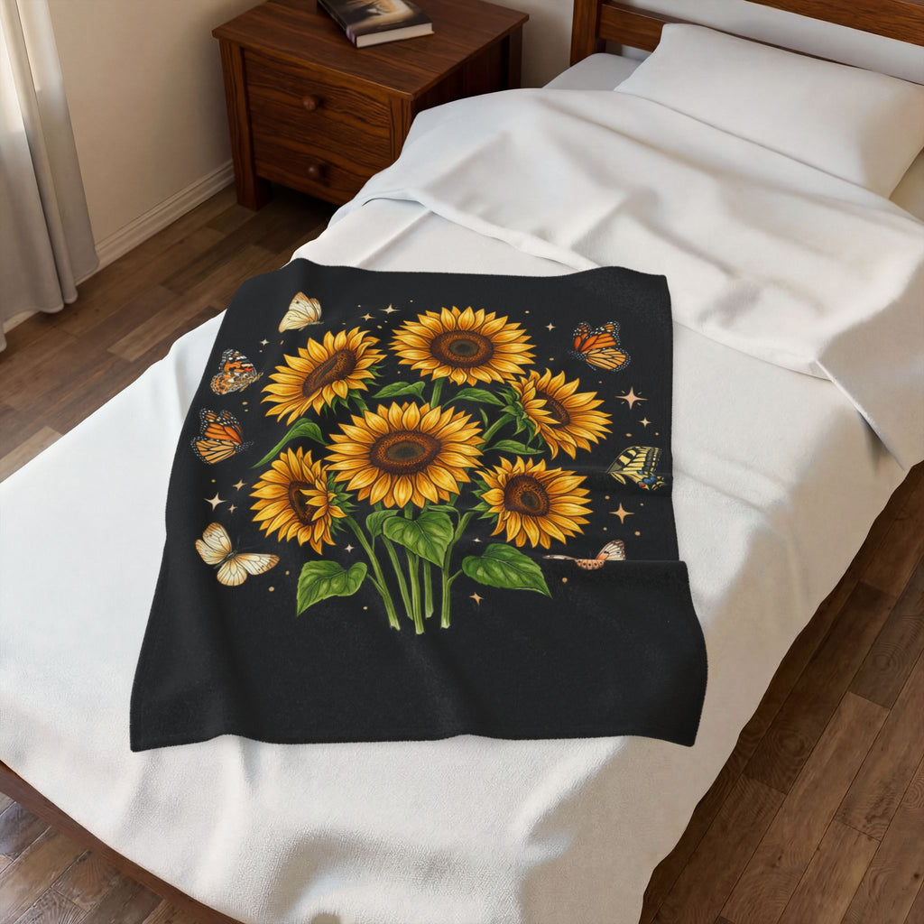 Sunflower & Butterflies Velveteen Plush Blanket — Cozy Floral Throw