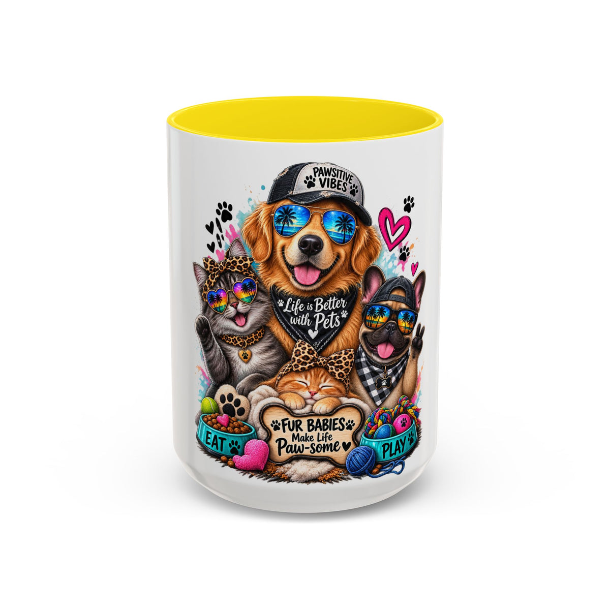 Coffee Mug — "Life is Better with Pets" Colorful Dog & Cat Paw-some Design (11/15 oz)