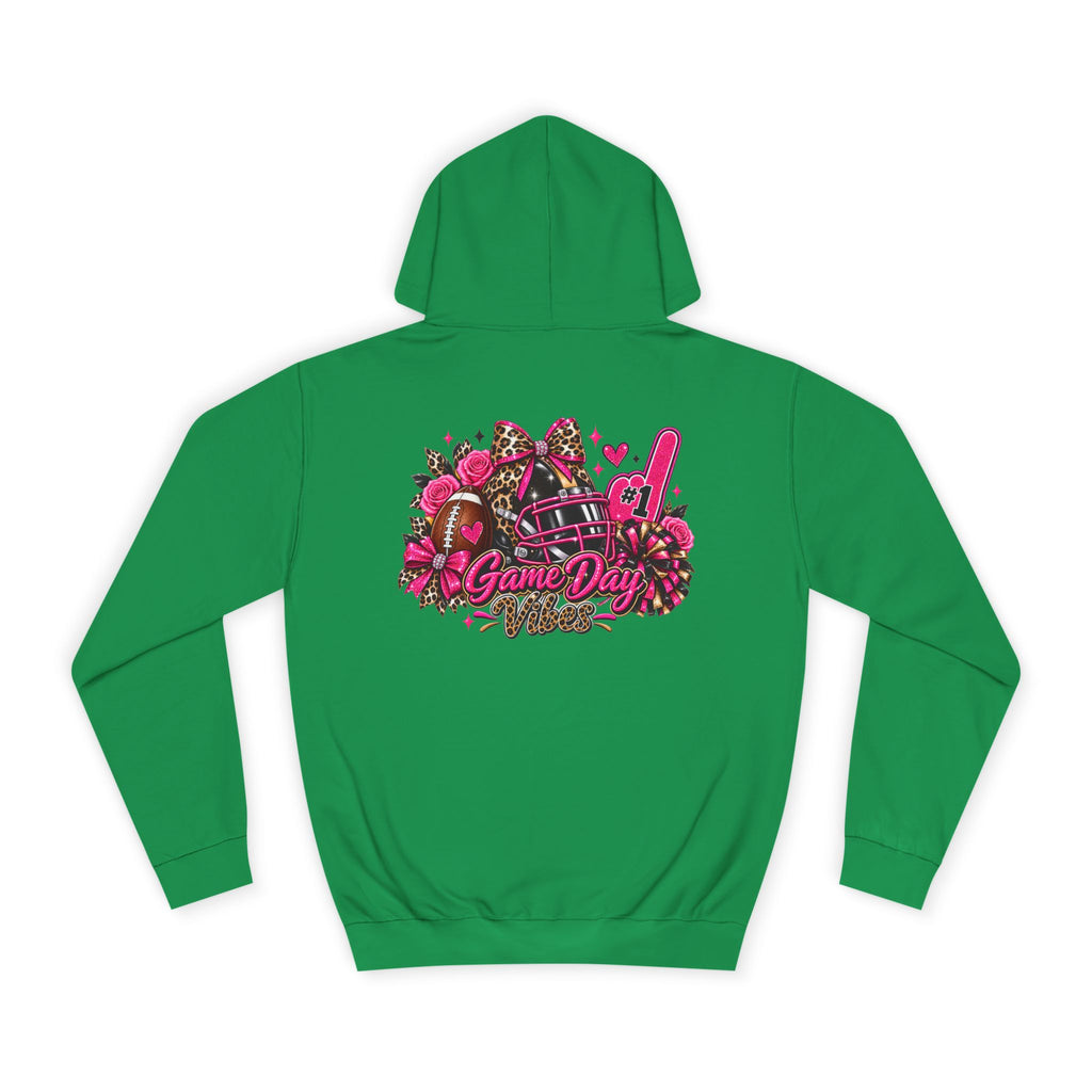 Game Day Cheer Hoodie — Pink Football Floral Design by Printify, green pullover hoodie with a pink and black football cheer graphic on the front