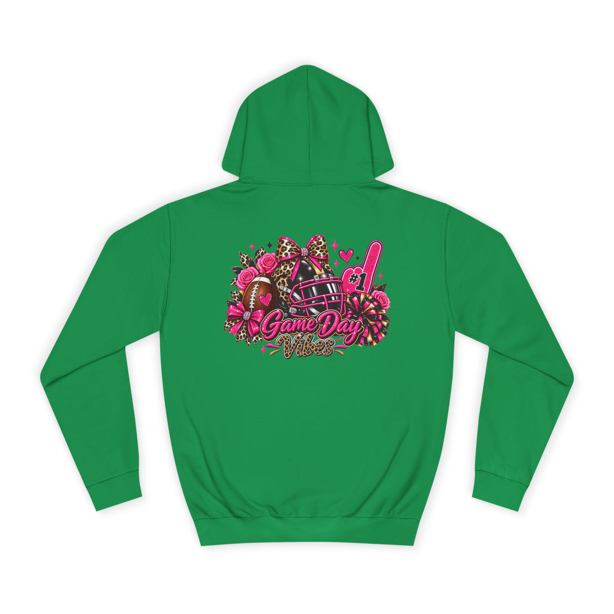 Game Day Cheer Hoodie — Pink Football Floral Design by Printify, green pullover hoodie with a pink and black football cheer graphic on the front