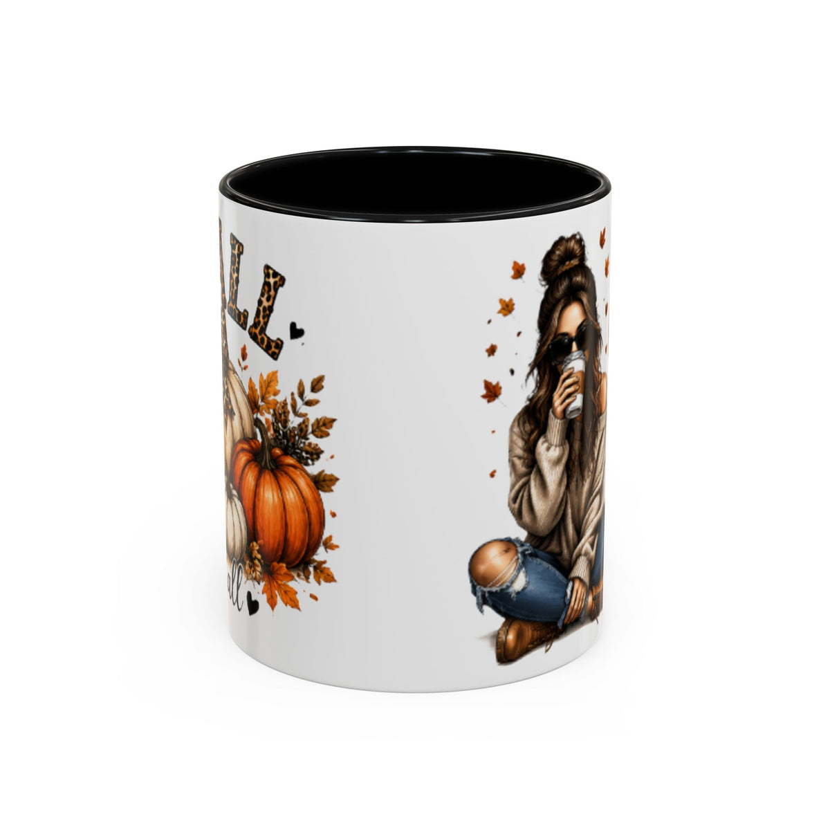 White autumn coffee mug with black interior rim and fall woman and pumpkin graphic.