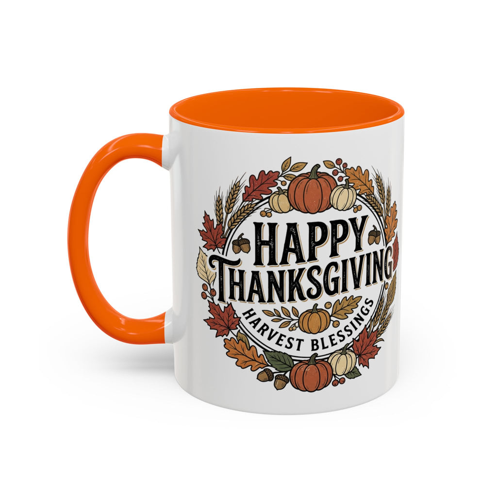 Happy Thanksgiving Accent Coffee Mug — "Harvest Blessings" Fall Pumpkin Wreath (11/15 oz)