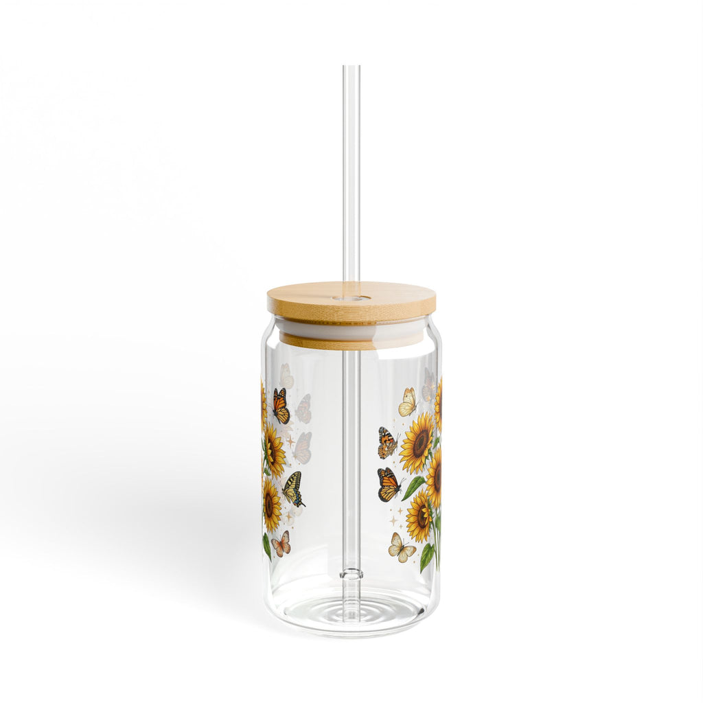 Sunflower & Butterfly Sipper Glass - 16oz Clear Tumbler with Bamboo Lid & Straw
