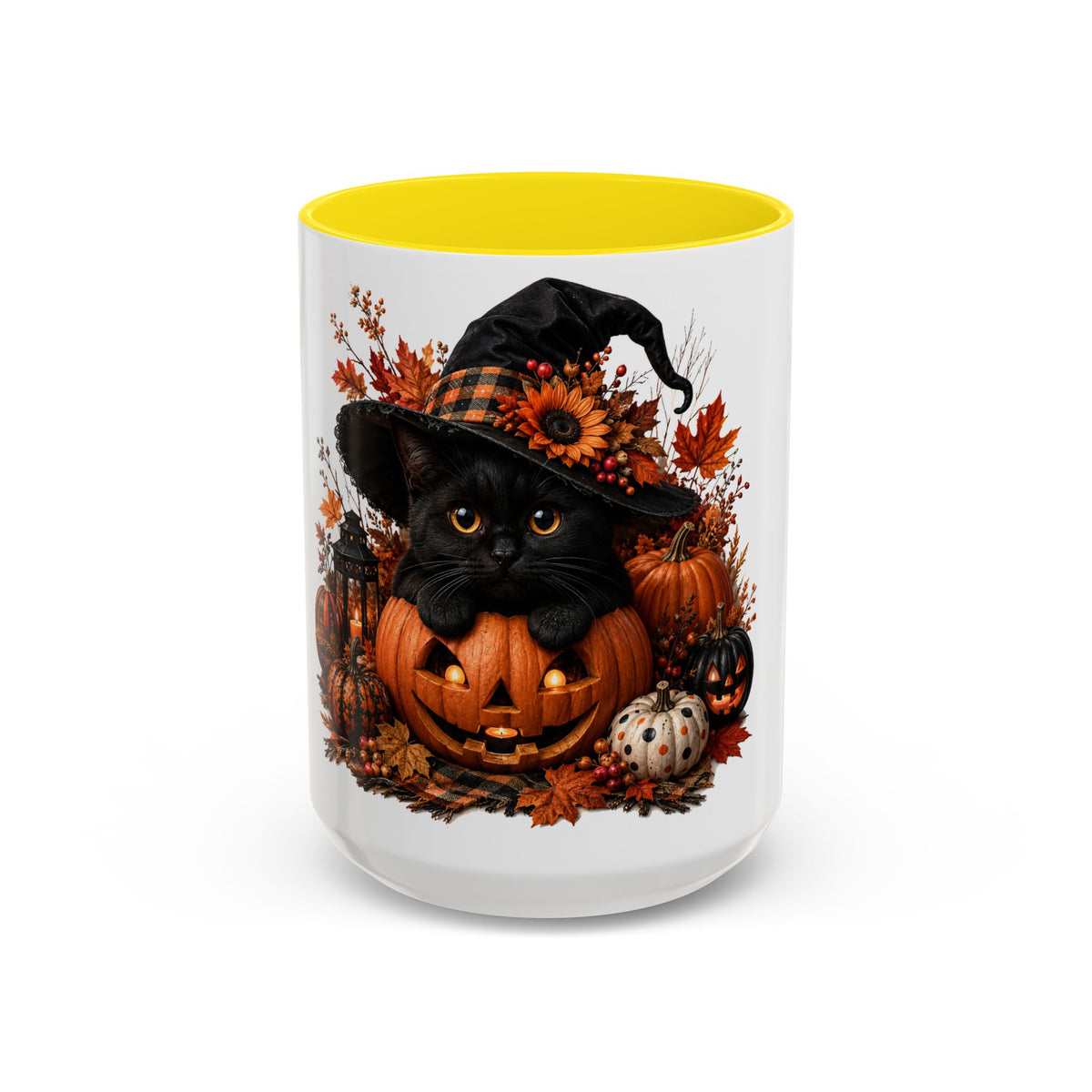 Halloween Black Cat Pumpkin Coffee Mug – Autumn Witch Hat Accent Mug (11/15oz)
