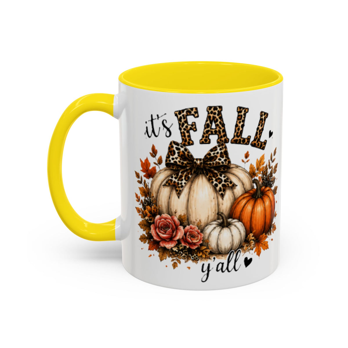 White ceramic coffee mug with yellow handle and interior, “it’s FALL y’all” with pumpkins and florals
