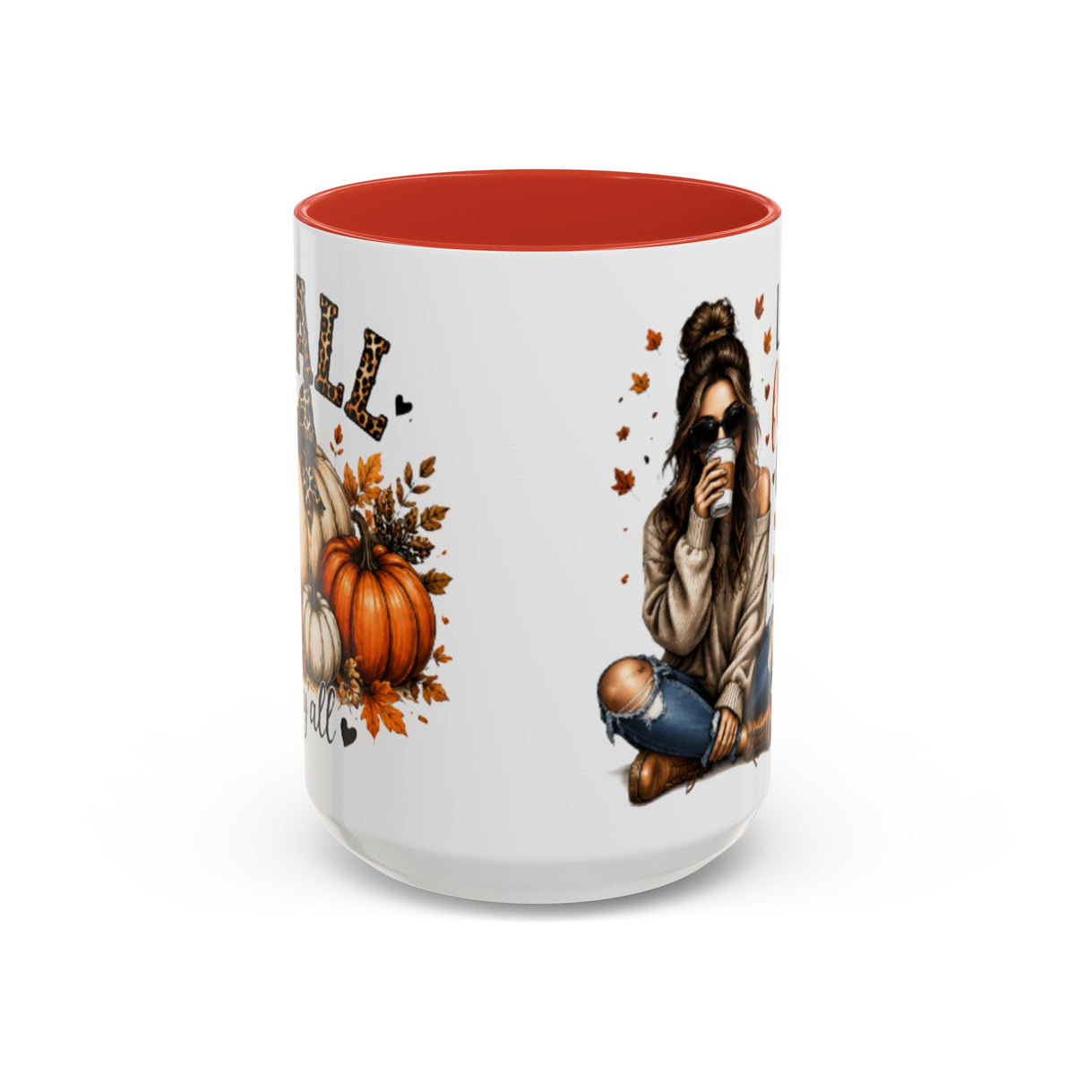 White mug with red interior, autumn pumpkin and woman drinking coffee graphic