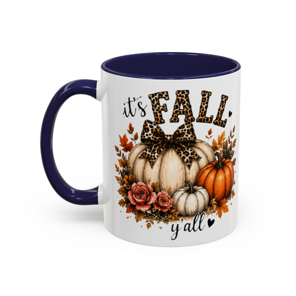 Navy-accent coffee mug with fall pumpkins and floral wreath graphic, glossy finish