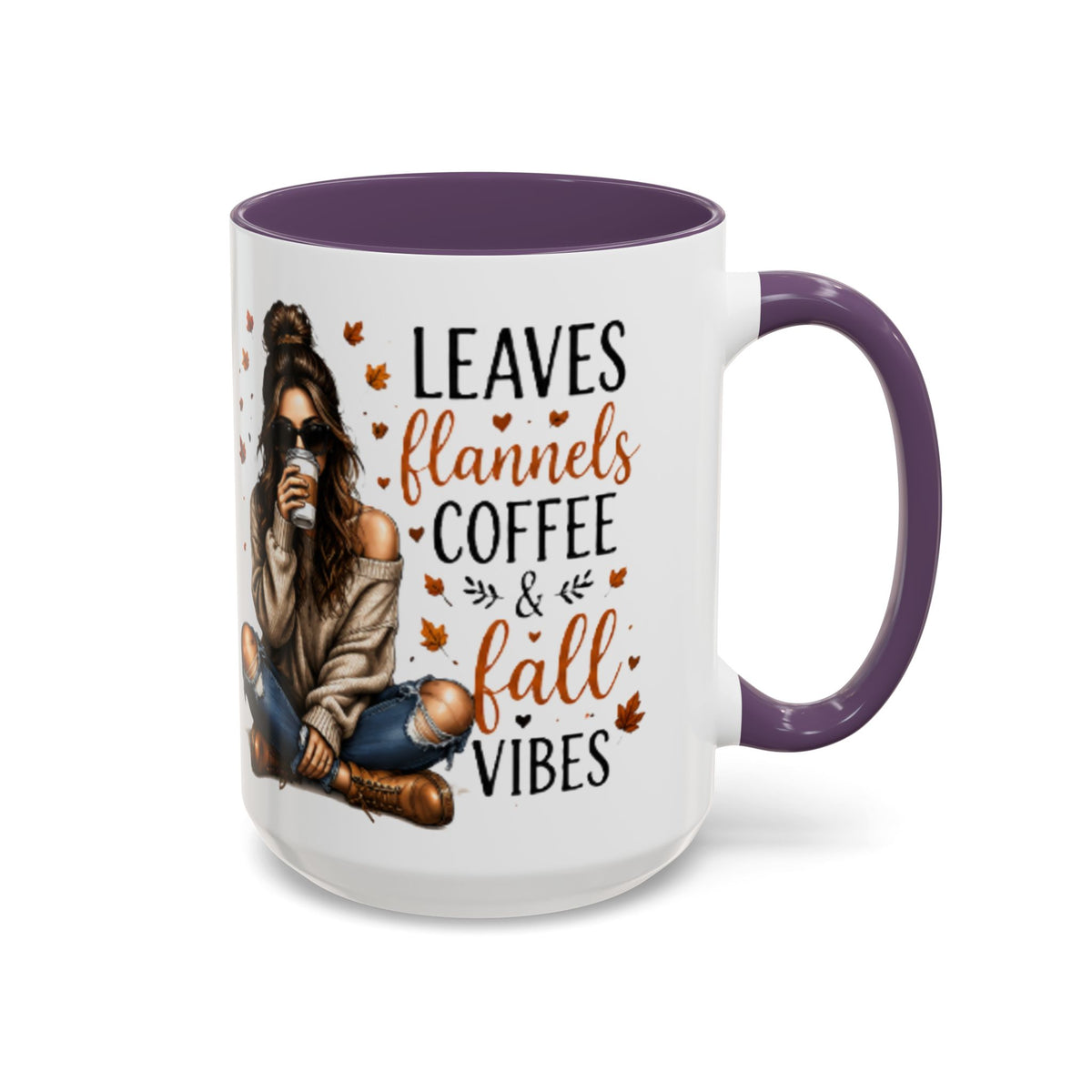 White coffee mug with purple handle and “Leaves flannels coffee & fall vibes” design