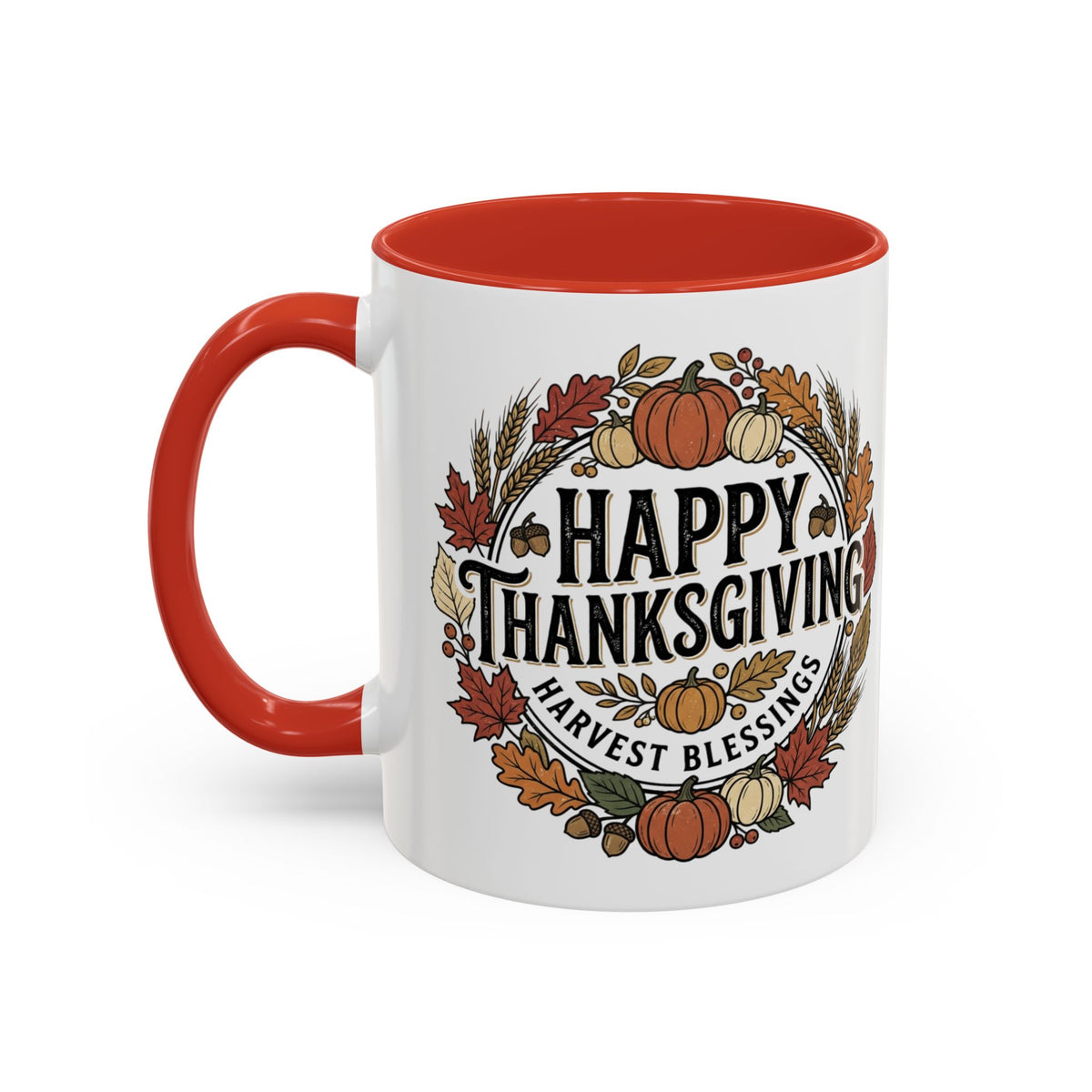 Happy Thanksgiving Accent Coffee Mug — "Harvest Blessings" Fall Pumpkin Wreath (11/15 oz)