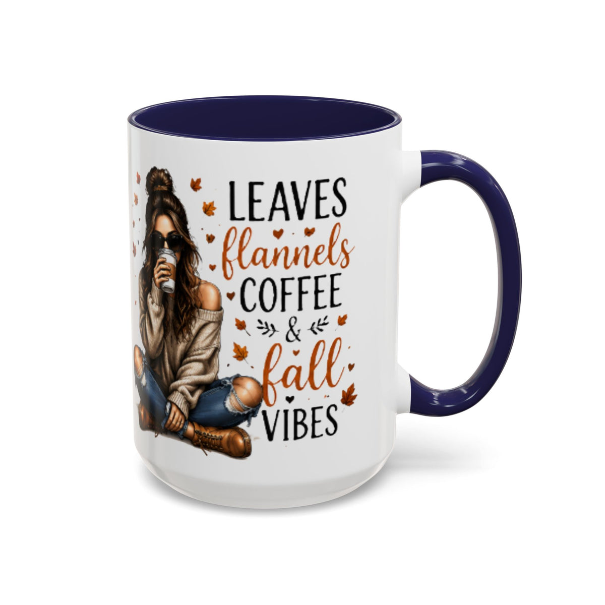 Navy and white autumn coffee mug with “Leaves flannels coffee & fall vibes” text and figure