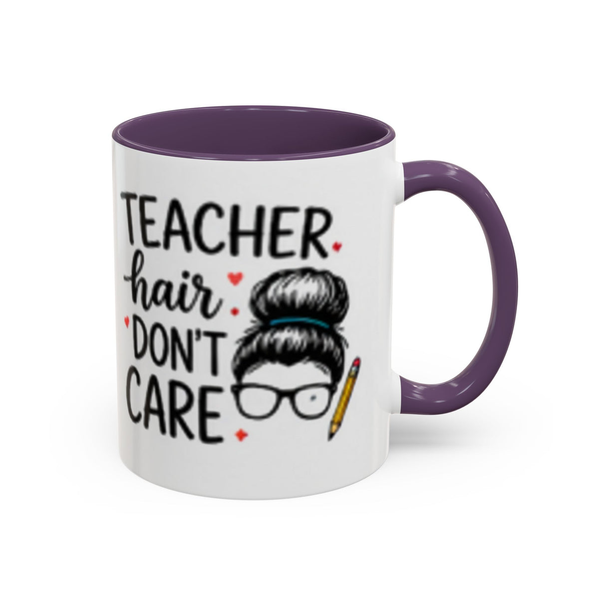 Purple-accent coffee mug with "TEACHER hair DON'T CARE" text and teacher illustration