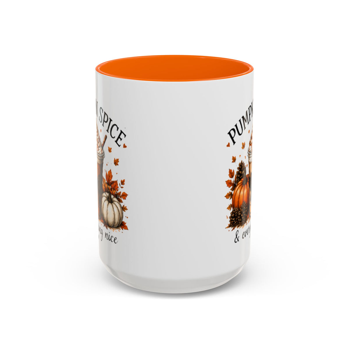 White coffee mug with orange interior and autumn pumpkin-spice front print