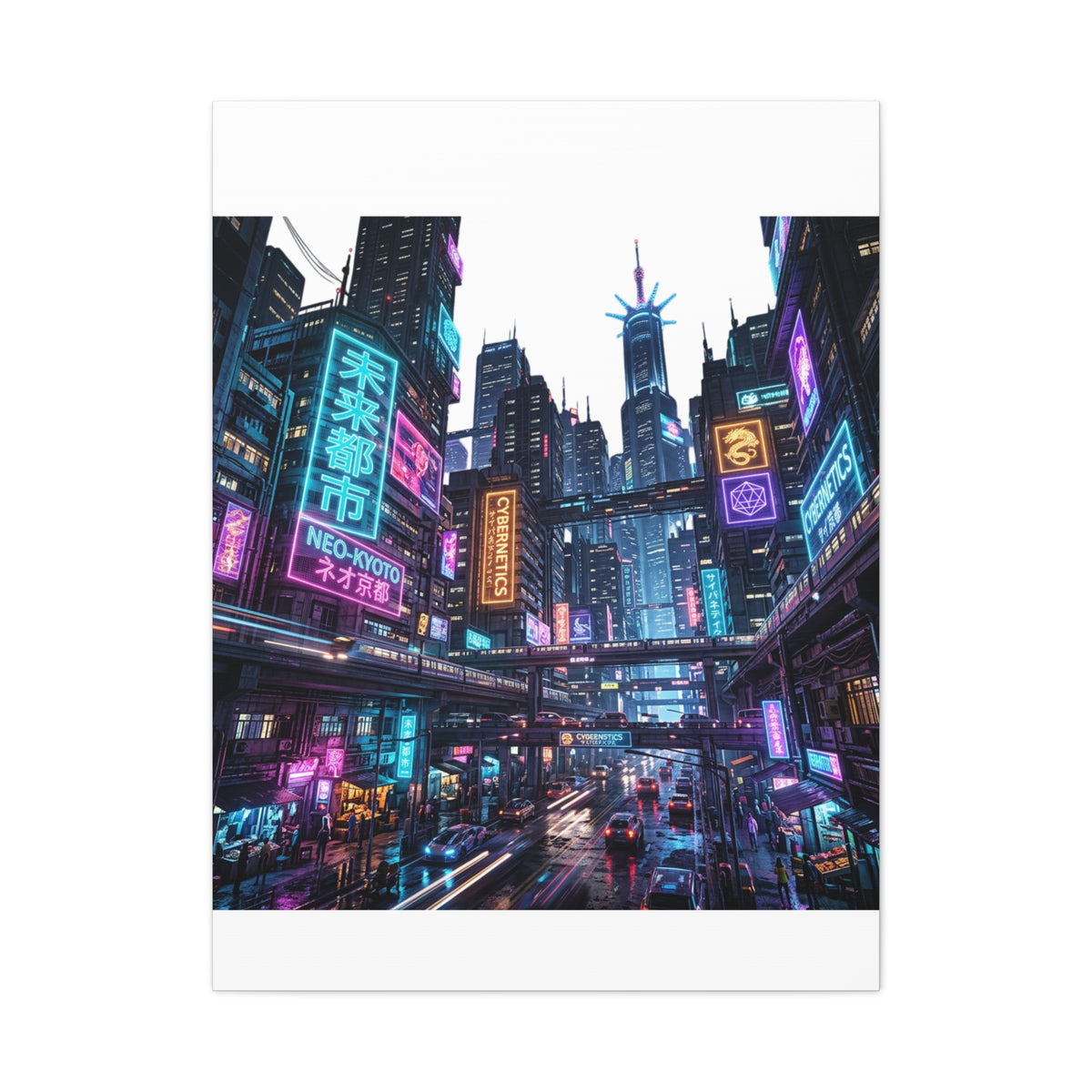 Neo-Kyoto Cyberpunk City Matte Canvas Print
