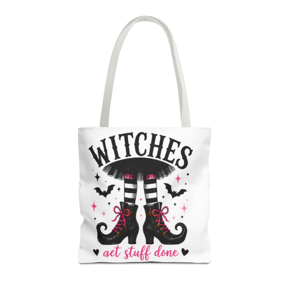 White tote bag with light gray handles, witches graphic and "get stuff done" lettering
