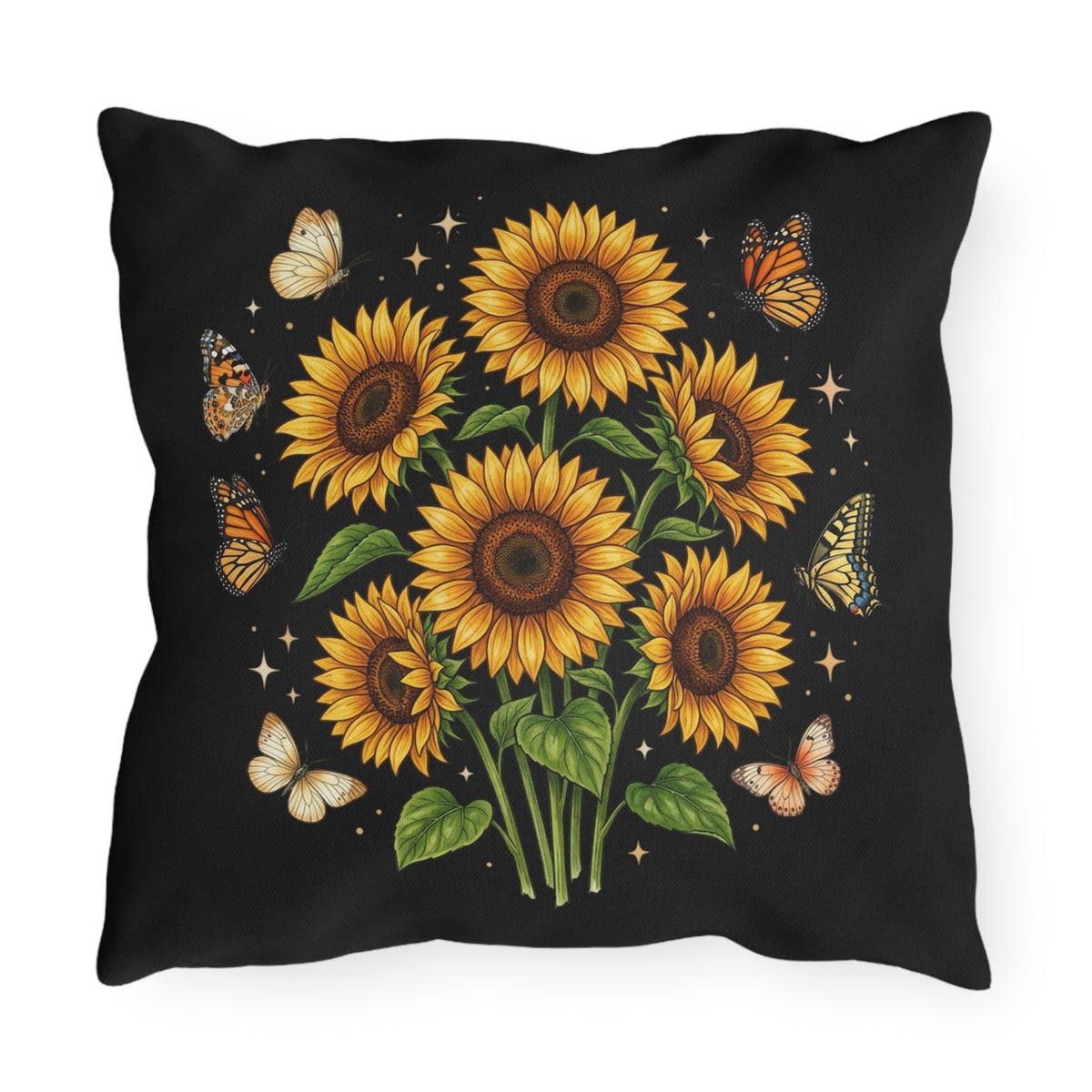 Sunflower & Butterfly Outdoor Pillow — Floral Garden Accent Cushion for Patio