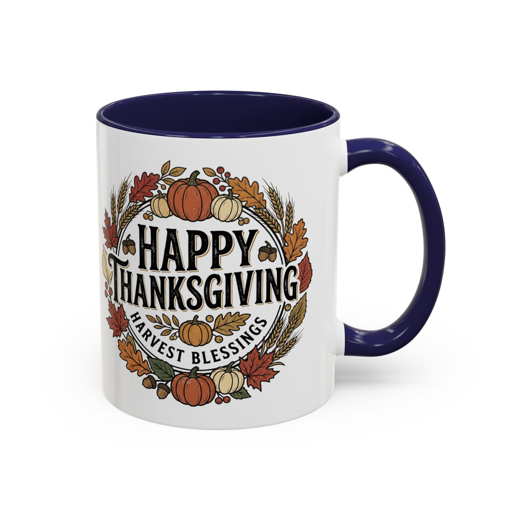 Happy Thanksgiving Accent Coffee Mug — "Harvest Blessings" Fall Pumpkin Wreath (11/15 oz)