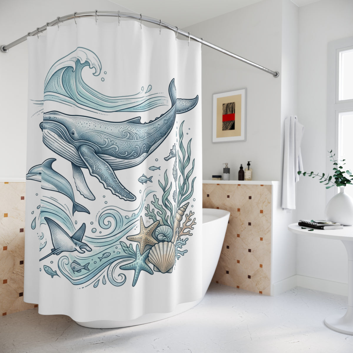 Ocean Life Shower Curtain — Blue Whale & Dolphin Nautical Bathroom Decor