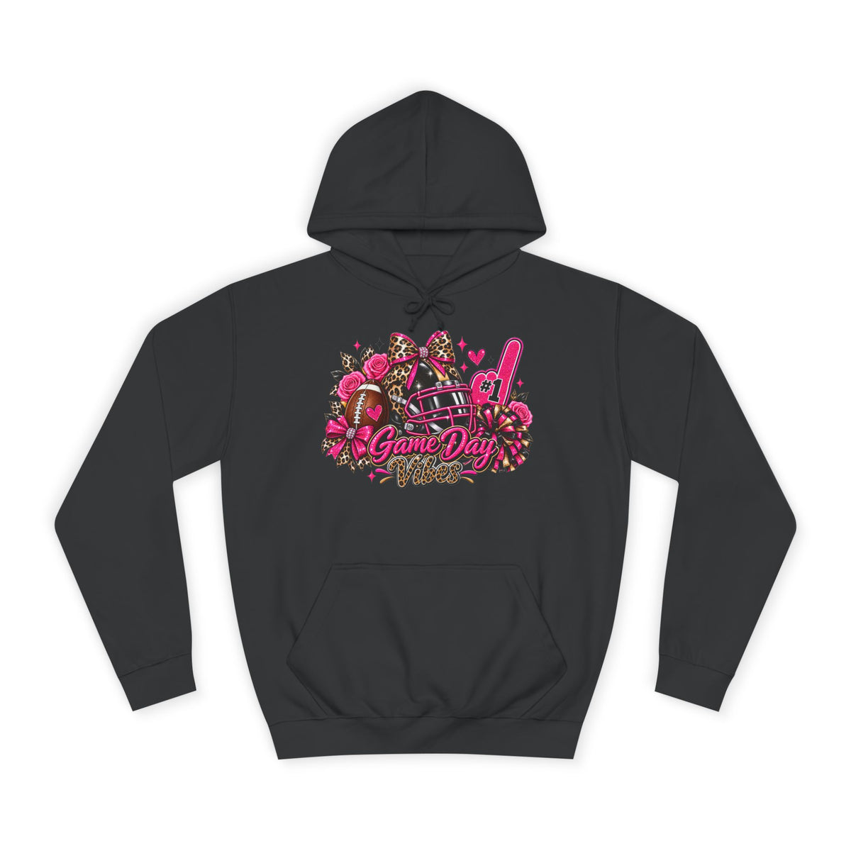 Game Day Cheer Hoodie — Pink Football Floral Design by Printify, black pullover hoodie with a colorful pink game day football and cheer graphic