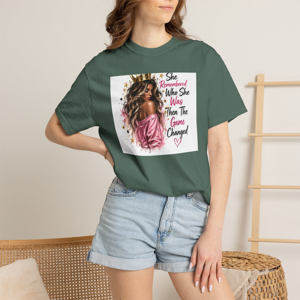 T-Shirt — 'She Remembered Who She Was' Empowerment Tee (Woman Portrait, Inspirational Quote)