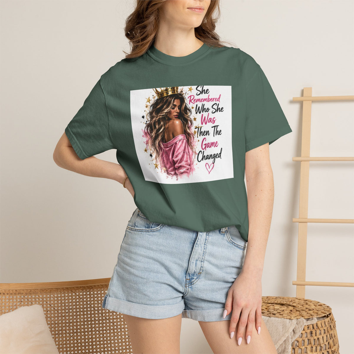 T-Shirt — 'She Remembered Who She Was' Empowerment Tee (Woman Portrait, Inspirational Quote)