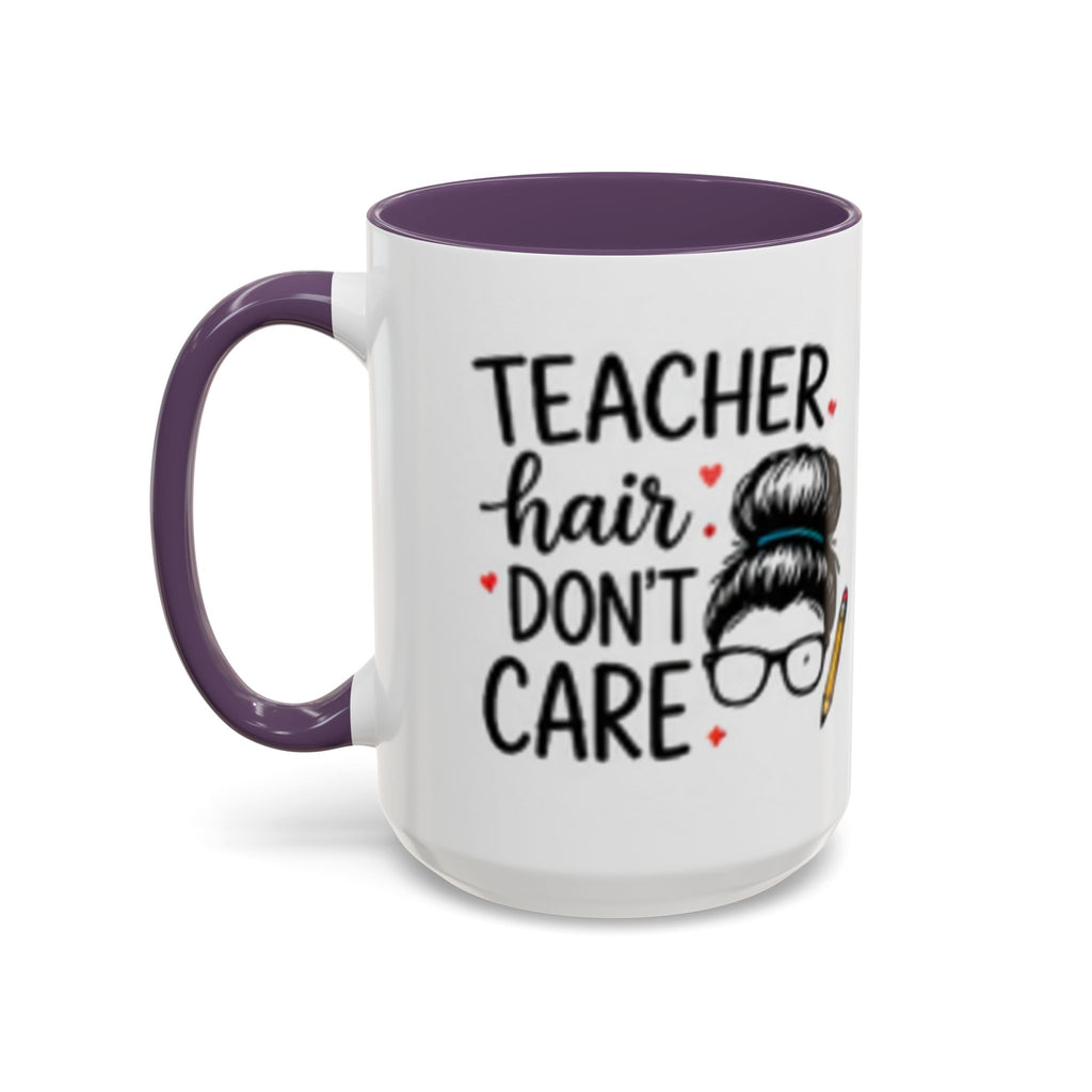 Purple handle coffee mug showing "TEACHER hair DON'T CARE" text and teacher illustration