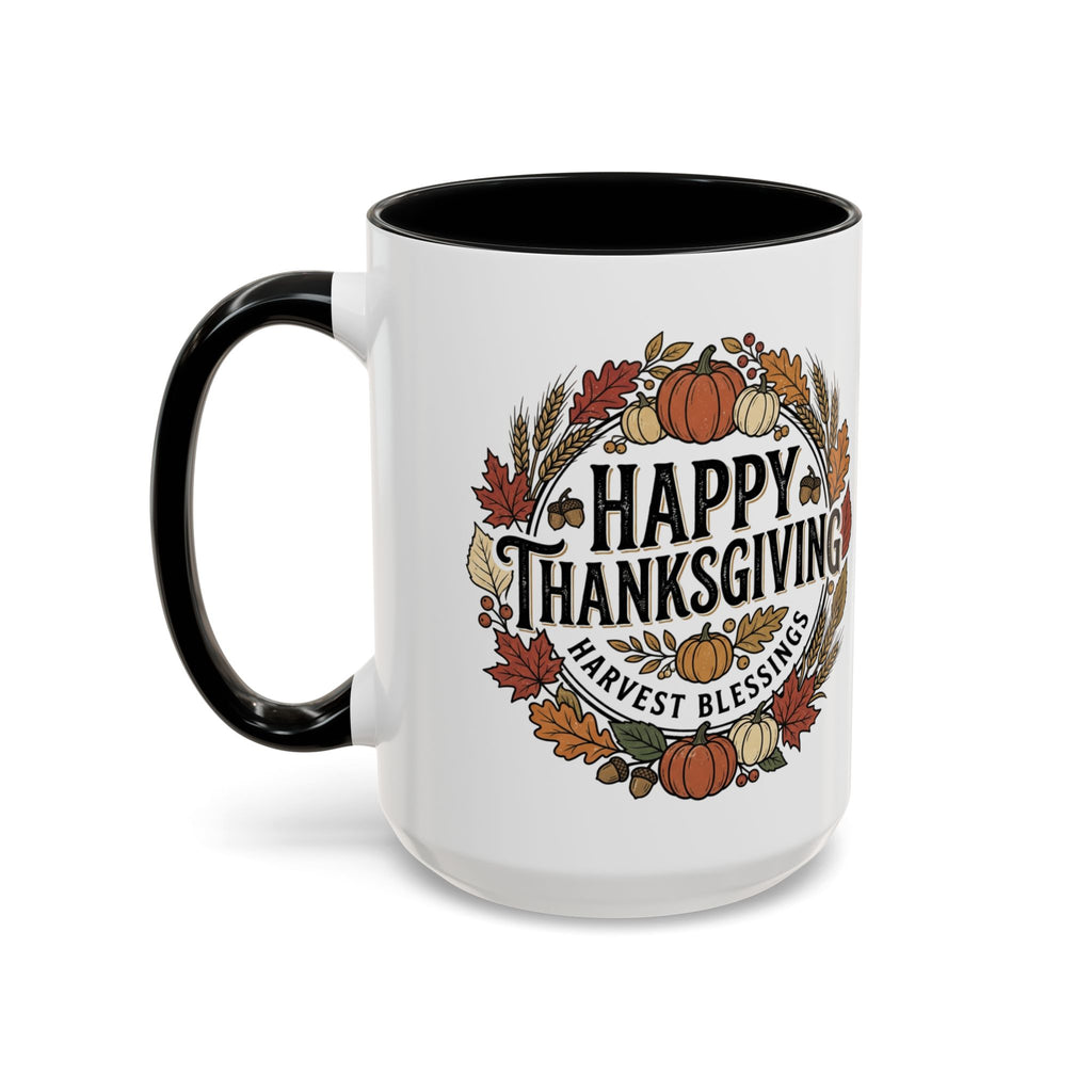 Happy Thanksgiving Accent Coffee Mug — "Harvest Blessings" Fall Pumpkin Wreath (11/15 oz)