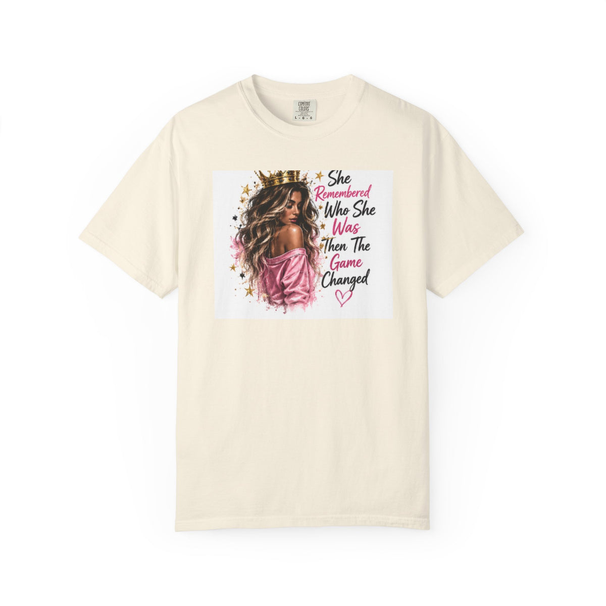 T-Shirt — 'She Remembered Who She Was' Empowerment Tee (Woman Portrait, Inspirational Quote)
