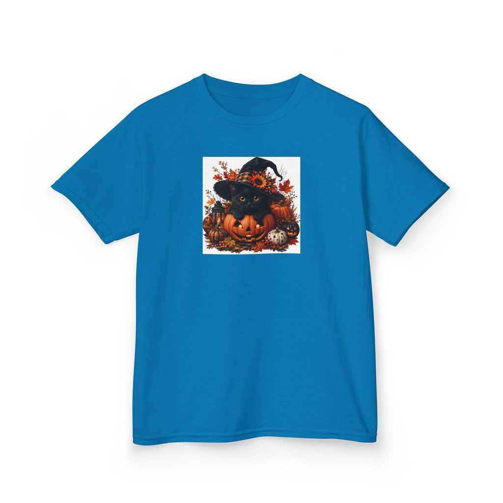 Kids Tee — Halloween Black Cat with Witch Hat & Pumpkins