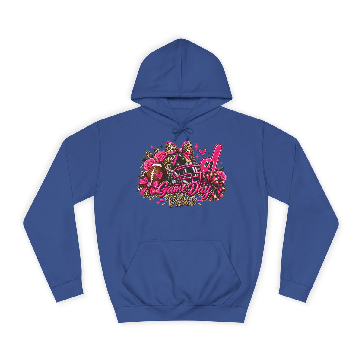 Game Day Cheer Hoodie — Pink Football Floral Design by Printify, blue pullover hoodie with a pink floral football and cheer graphic on the front