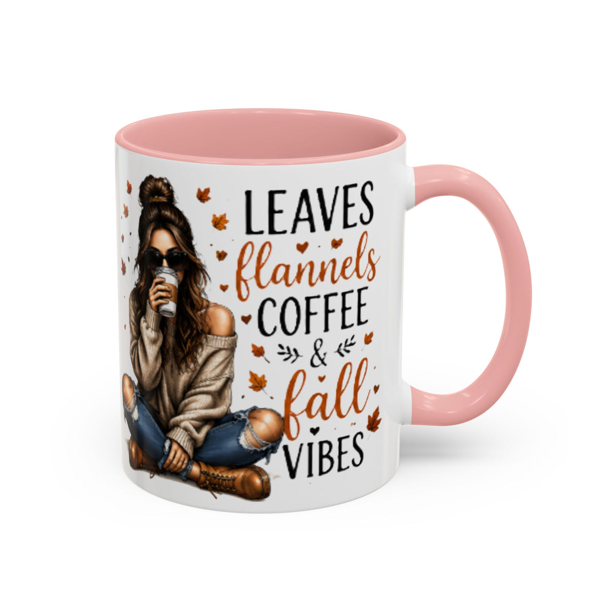 Pink-accent coffee mug with autumn quote and seated woman graphic, glossy finish