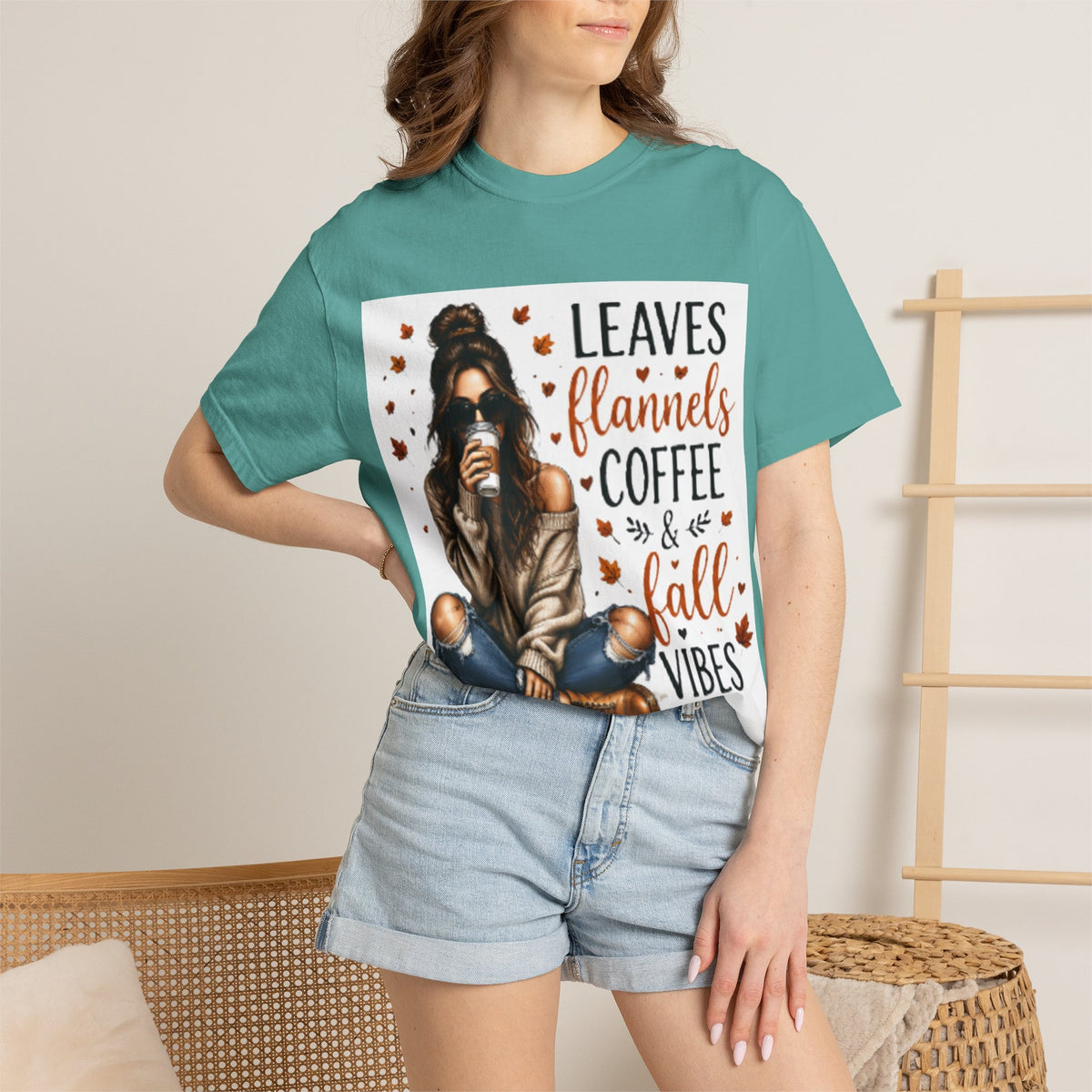 Fall Vibes Tee – "Leaves Flannels Coffee & Fall Vibes" Graphic T-Shirt