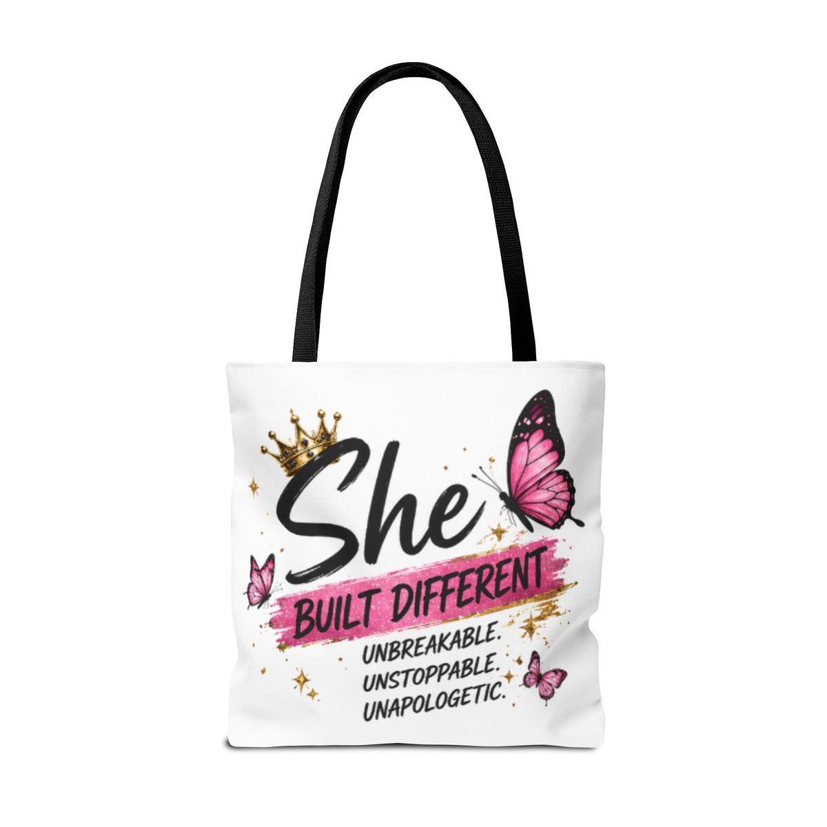 White tote bag with black handles, “She Built Different” print and pink butterfly design