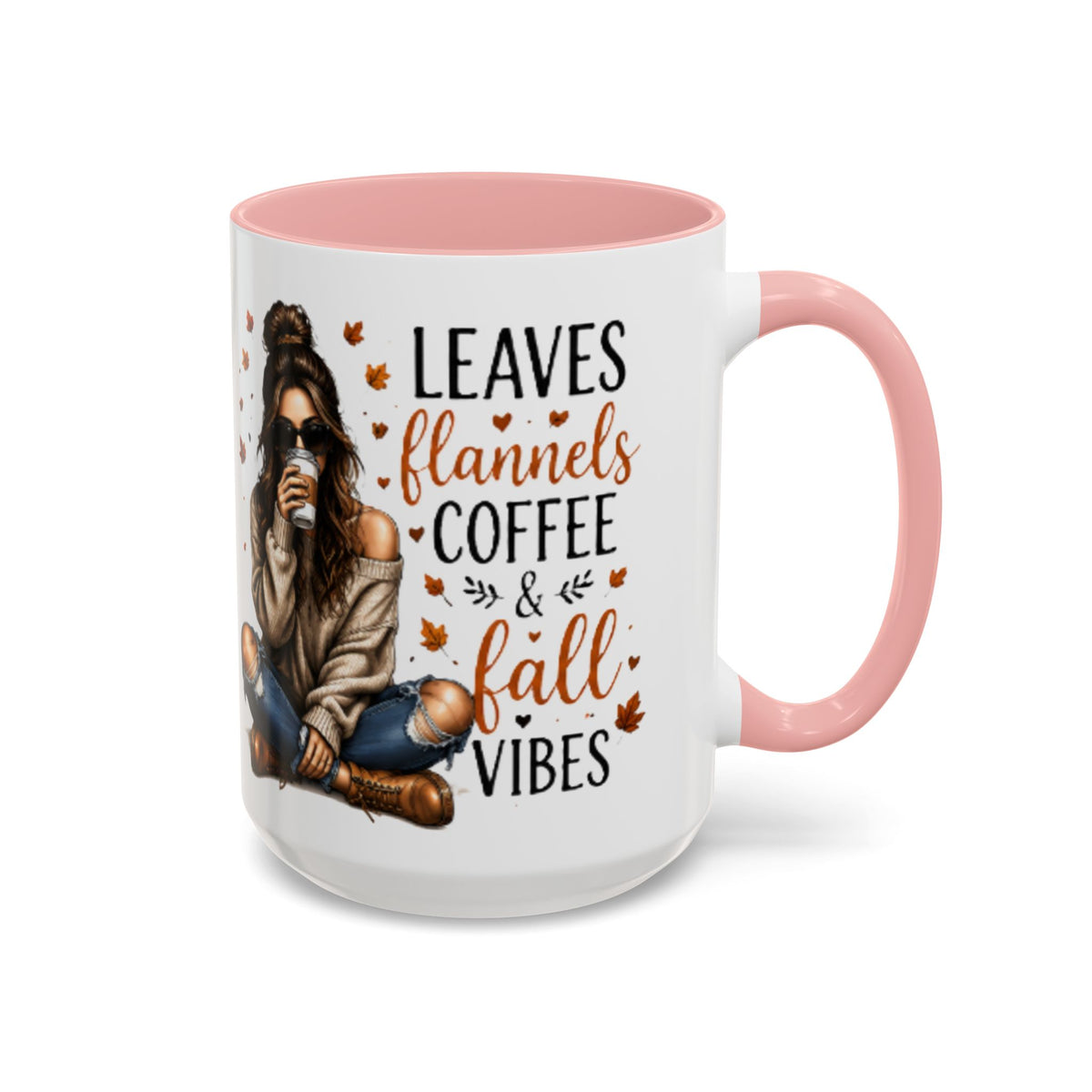 Pink and white autumn coffee mug with “Leaves flannels coffee & fall vibes” text and figure
