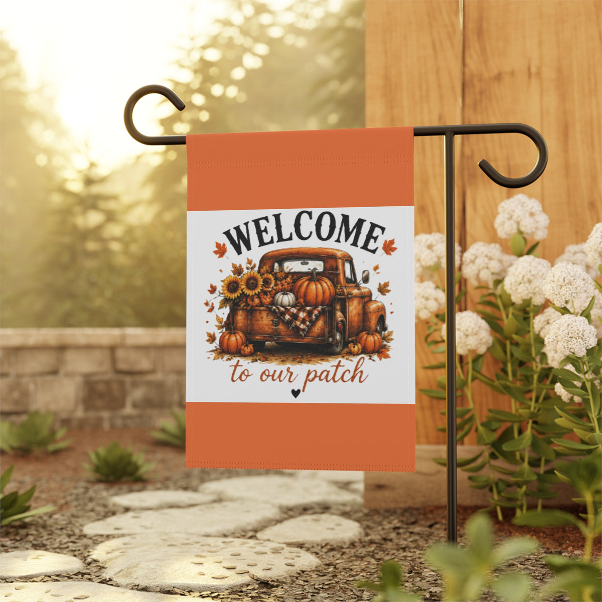 Autumn yard garden flag on black metal stake, Welcome patch art with pumpkin truck and sunflowers
