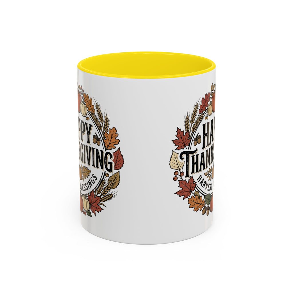 Happy Thanksgiving Accent Coffee Mug — "Harvest Blessings" Fall Pumpkin Wreath (11/15 oz)