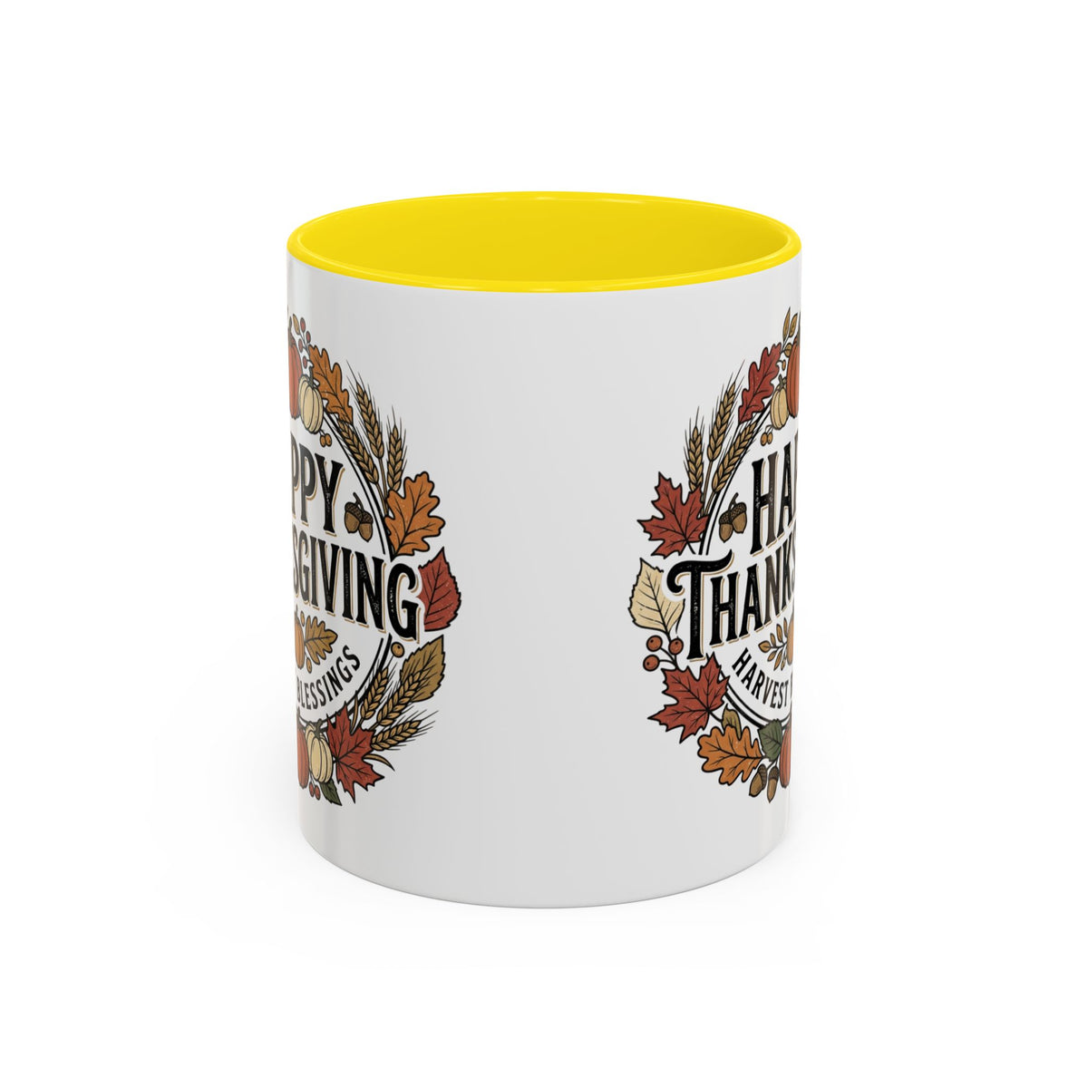Happy Thanksgiving Accent Coffee Mug — "Harvest Blessings" Fall Pumpkin Wreath (11/15 oz)