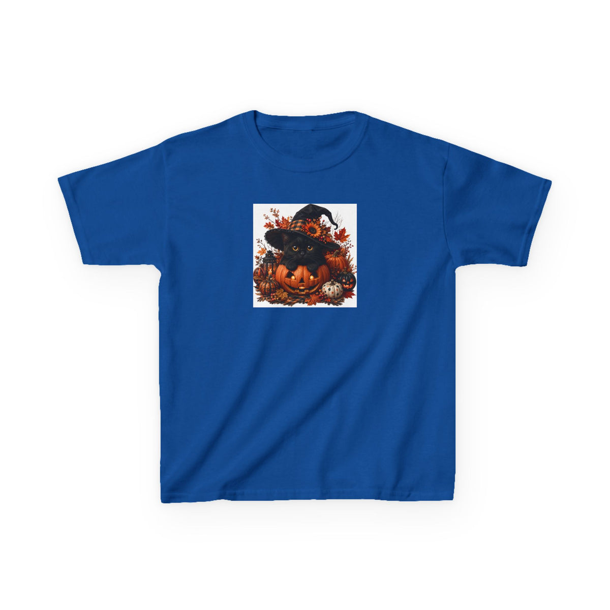 Kids Tee — Halloween Black Cat with Witch Hat & Pumpkins
