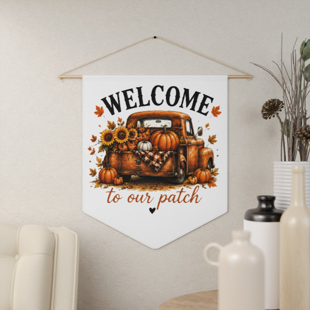 Welcome fall patch pennant banner featuring orange truck with pumpkins and sunflowers
