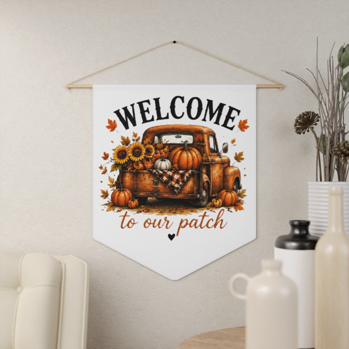 Welcome fall patch pennant banner featuring orange truck with pumpkins and sunflowers