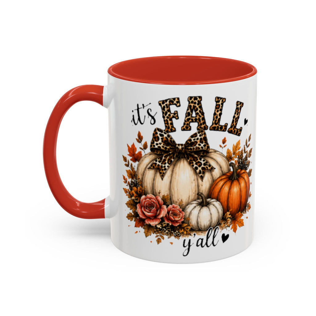 Orange-accent coffee mug with fall pumpkins and floral wreath graphic, glossy finish
