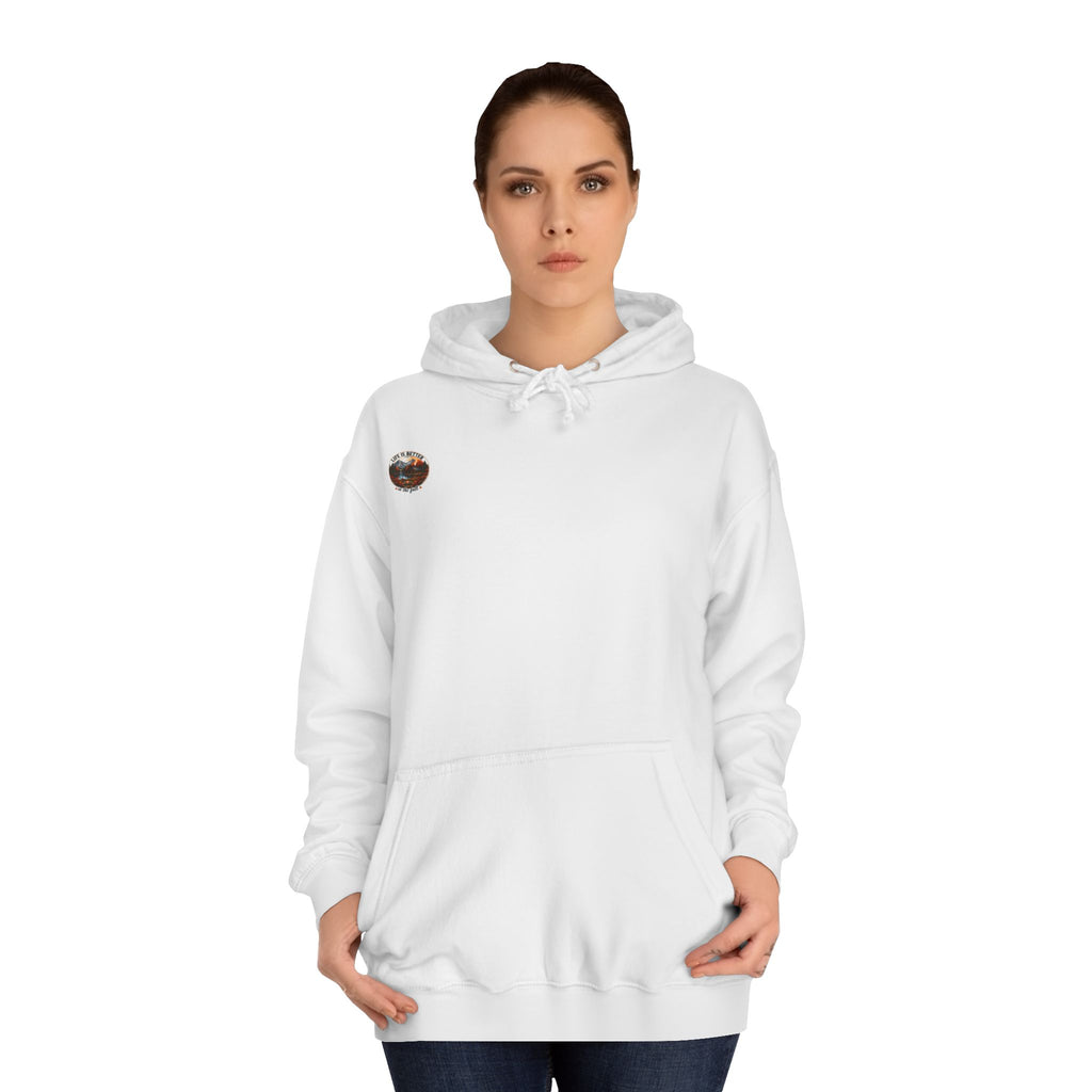 White pullover hoodie with hood, drawstrings, kangaroo pocket, and small chest logo patch.