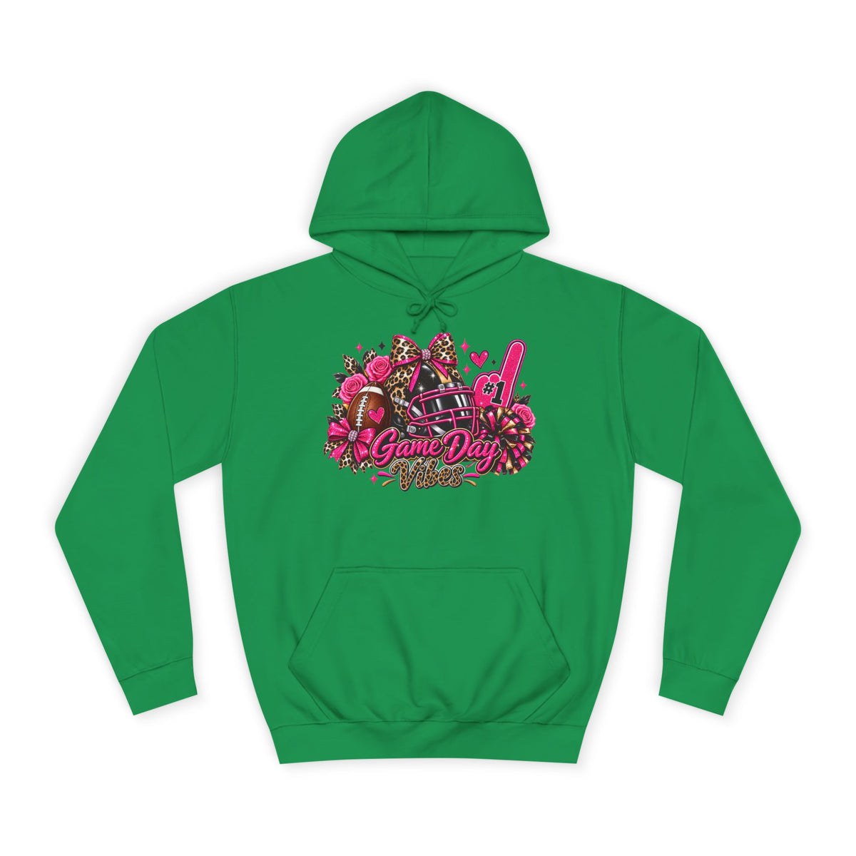 Game Day Cheer Hoodie — Pink Football Floral Design by Printify, green pullover hoodie with hood, front pocket, and colorful pink football-themed floral graphic