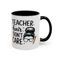 Teacher coffee mug with black handle; 'hair don't care' text and teacher graphic on white