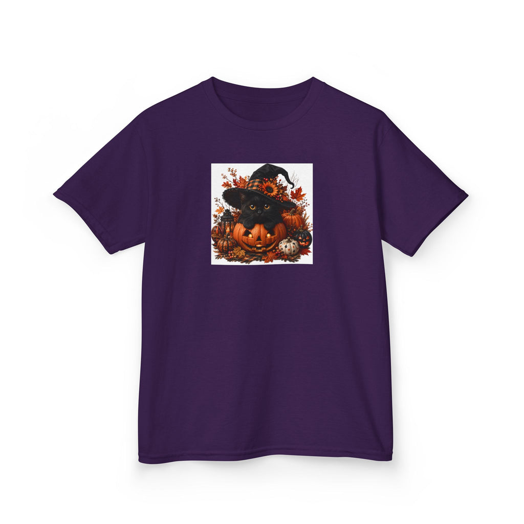 Kids Tee — Halloween Black Cat with Witch Hat & Pumpkins